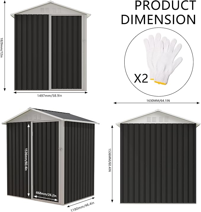 YOPTO 5.4x4.27 FT Outdoor Storage Shed, Metal Garden Tool Shed with Sloping Roof and Lockable Doors for Backyard Garden Patio Lawn, Grey - Image 2