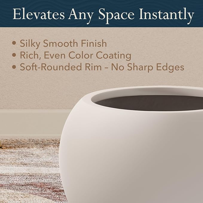 12.8"H x 16"D Premium Globo Fiberstone Round Planter with Drainage Hole, Smooth Finishes, Weather Resistant for Indoor and Outdoor Use, Included 2 Extra Coco Mats (Taupe, 10.7" Pot Opening)