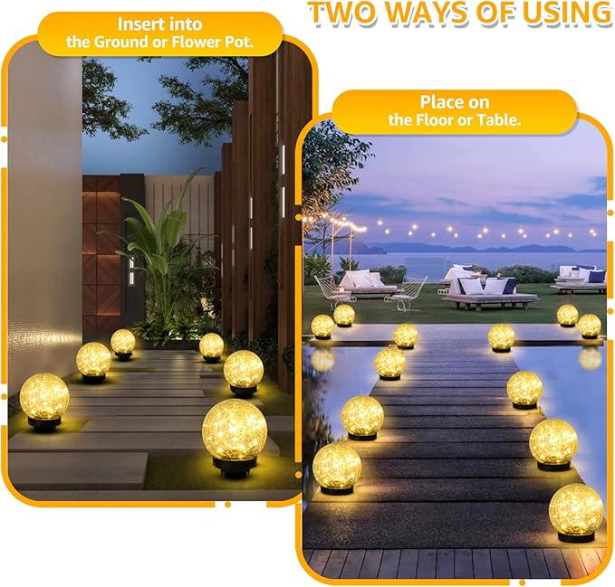 2-Pack Garden Solar Lights Outdoor, Cracked Glass Ball Light Waterproof, Decorative Solar Globe Lights Warm White for Yard Pathway Patio Lawn