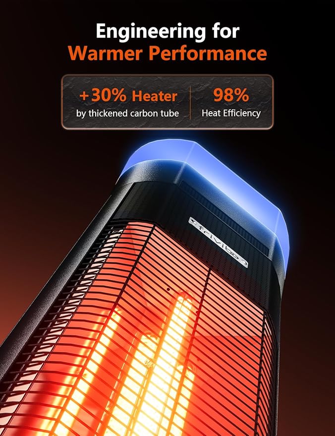 Outdoor Electric Patio Heater, 3-in-1 Heater with Audio Speaker & RGB Light, 1500W Infrared Tower Standing, 43-inch, IP65 Water & Snow Proof for Patio, Deck, Garage & Sunroom, Aluminum Unibody Design