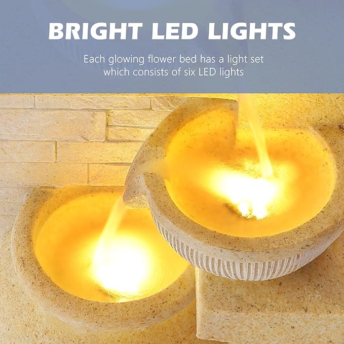 Grepatio Outdoor 4-Tiers Water Fountain, Garden Cascading Waterfalls Fountain with LED Lights, 32"H Modern Indoor/Outdoor Bowl Waterfall Feature Water Fountains for Garden, Patio, Yard Decor (Yellow)