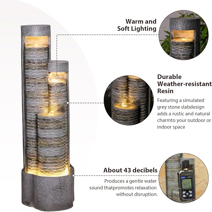 39.76" Tall Indoor Outdoor Water Fountain Modern Water Feature Stone-Textured Cascading Floor-Standing Fountains with Led Lights for Garden, Patio, Balcony, Yard, Office Home Art Decor