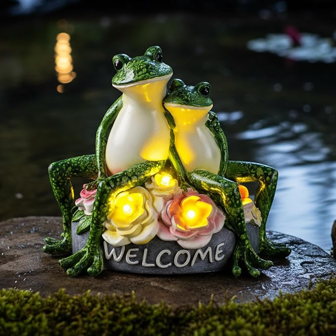 Solar Frog Garden Statues Outdoor Decor - 5.5" Resin Frog Figurine with Welcome Sign, Waterproof Yard Art Ornament for Patio Lawn Porch, Unique Housewarming Birthday Gifts for Women Mom Grandma