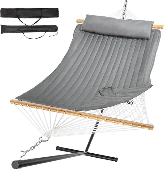 Everyfun 2 Person Outdoor Hammock with Stand, Cotton Rope Hammock with Polyester Pad, Adjustable Steel Frame, Portable with Carrying Bag – for Patio, Backyard, Garden, Beach, Urban-Gray by Unknown