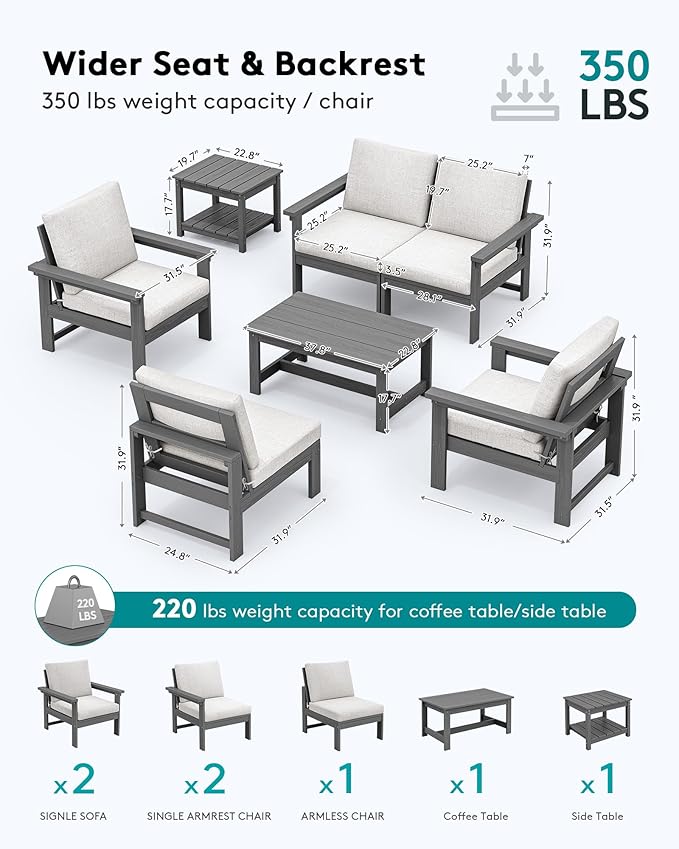 SERWALL HDPE Patio Furniture Set with 15FT Patio Umbrella, 7-piece Outdoor Sectional Sofa Set, All Weather Patio Couch Set for Deck, Gray & Beige(Umbreall Base not Included)
