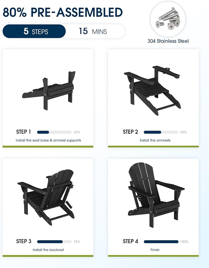 MUCHENGHY Folding Adirondack Chairs 6 Pack, Patio Chairs, Fire Pit Chairs, Outdoor Chairs, Plastic Adirondack Chairs, Lawn Chairs Weather Resistant with Cup Holder for Deck, Backyard, Garden(Black) - Image 5