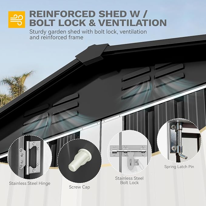 DWVO 6x4ft Outdoor Storage Shed, Weatherproof Tool Shed w/Locking Entry & Ventilation for Grass Cutter, Bike, Equipment, Courtyard, Garden (Dark Gray) - Image 6