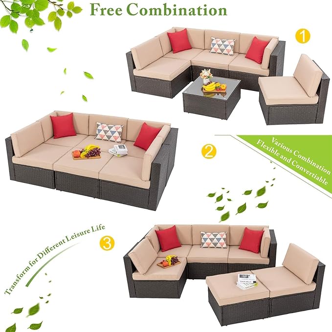 Vongrasig 7 Piece Patio Furniture Set with Propane Fire Pit, Outdoor Conversation Sets Wicker Rattan Sectional Sofa with Coffee Table, 43” Propane Gas Firepit Table with Lid, Beige