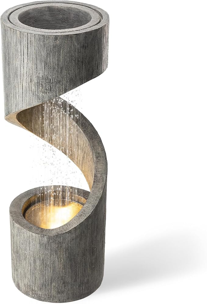 Glitzhome Outdoor Fountain with LED Light, Oversized Spiral Water Fountain Outdoor with Stone Planter, Modern Curved Waterfall Fountains Water Feature for Garden Patio, 40”H