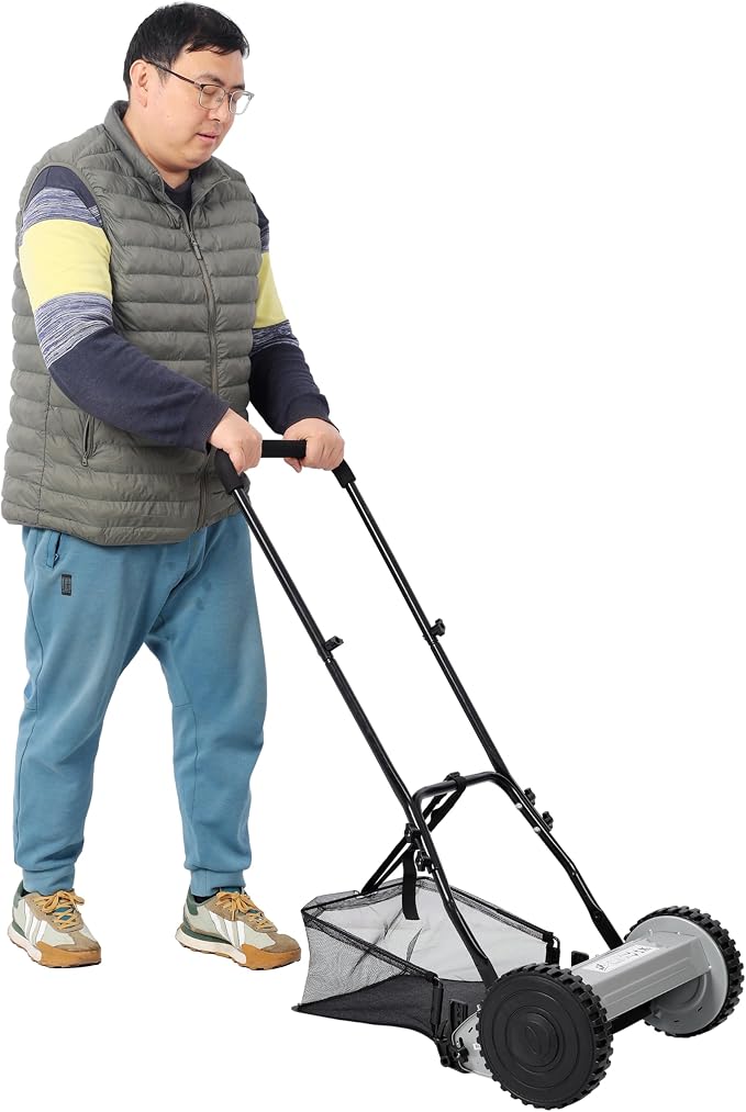 14'' 5 Blade Push Reel Lawn Mower with Grass Catcher, Manual Push Mower for Small Lawns, Cordless Eco-Friendly Lightweight Lawn Mower Adjustable Blade Height Black and Gray - Image 2