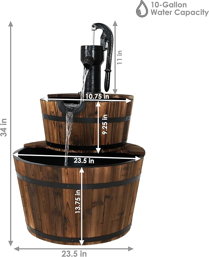 Sunnydaze 2-Tier Wood Barrel Water Fountain - 34-Inch Vintage Water Pump Fountain with Submersible Pump - for Garden, Patio, Decks