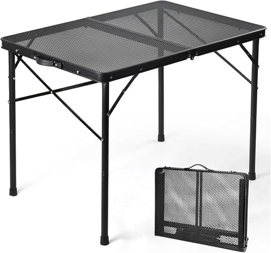 3 ft Folding Table with Adjustable Height, Camping Table with Carry Handle, Metal Mesh Table ,Portable Grill Table for Camping, Tailgating, BBQ, Picnic & Indoor, Fits 3–6 People, Supports 66 lb, Black by EEASTSTORM