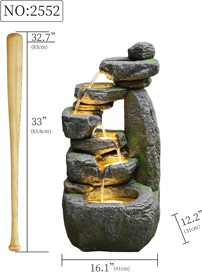 Outdoor Garden Water Fountain with Lights Cascading Large Waterfall Floor Standing Fountain for Patio, Backyard, Deck, Porch and Home Art Decor (32.68'' Gray)