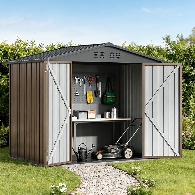 COMHOMA Shed Storage Outdoor Metal Windowed Lockable Weatherproof Ventilated Backyard Garden Utility Workshop(Brown,8'*6') by ComHoma