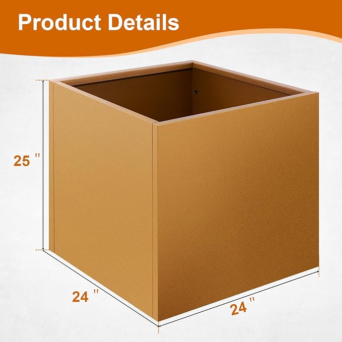 24"x24"x25" Corten Steel Planter Box, Rustic Metal Planter with Drainage Holes, Rust & Weather Resistant for Patio Garden Indoor Outdoor Commercial Use