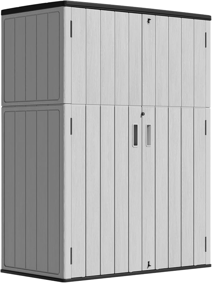 ZZM 57 Cu.ft Outdoor Storage Shed HDPE Storage Cabinet, Double-Wall Resin Sheds with Floor Vertical Lockable Sheds Garden Tools Trash Can, Lawn Mower, Bike Storage, Waterproof, Gray by ZZM
