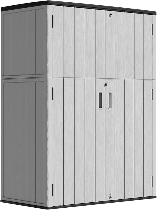 ZZM 57 Cu.ft Outdoor Storage Shed HDPE Storage Cabinet, Double-Wall Resin Sheds with Floor Vertical Lockable Sheds Garden Tools Trash Can, Lawn Mower, Bike Storage, Waterproof, Gray by ZZM