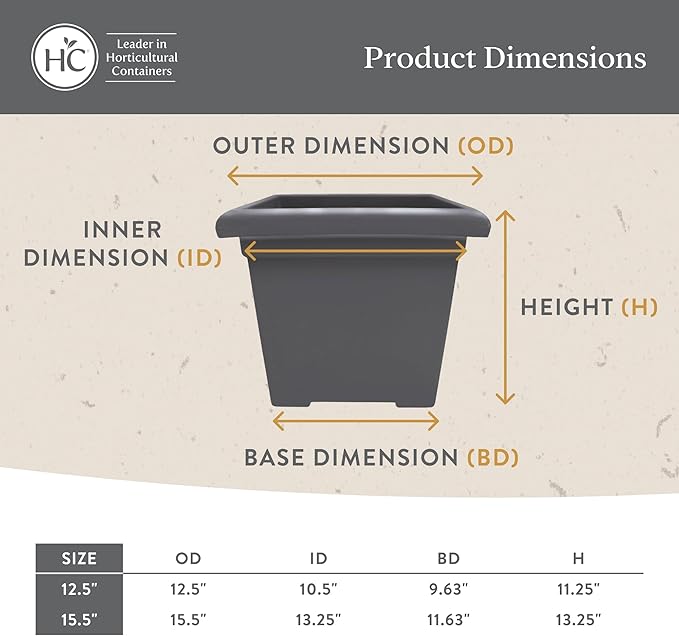 The HC Companies 12.5 Inch Accent Square Plant Pots with Drainage, Lightweight UV-Resistant Plastic Planters for Indoor & Outdoor Plants, 2-Pack Flower Pots for Garden, Office & Home Decor, Warm Gray