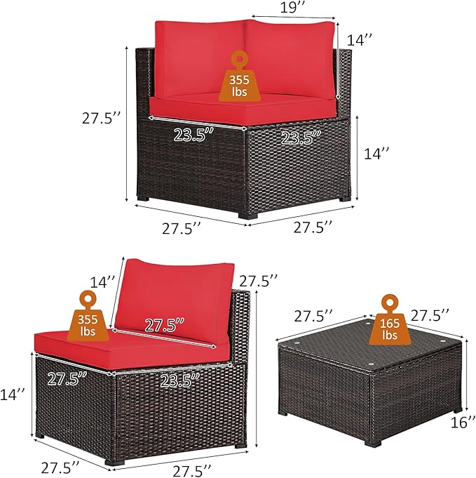 Tangkula 6 Pieces Patio Furniture Set, Outdoor Rattan Sofa Set, Wicker Conversation Set w/Tempered Glass Coffee Table & Cushions, Sectional Sofa Set for Backyard, Garden, Balcony, Poolside (Red)