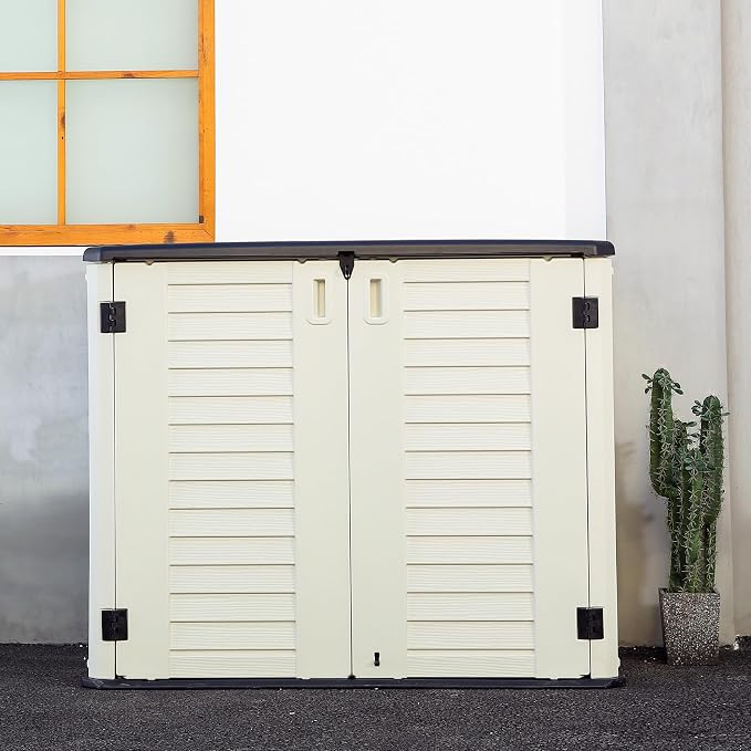 Mrosaa Outdoor Patio Storage Shed,Waterproof Horizontal Outdoor Storage Cabinet for Garbage Cans,Tools and Lawnmower Lockable(34 Cu.ft-Warm-White) - Image 7