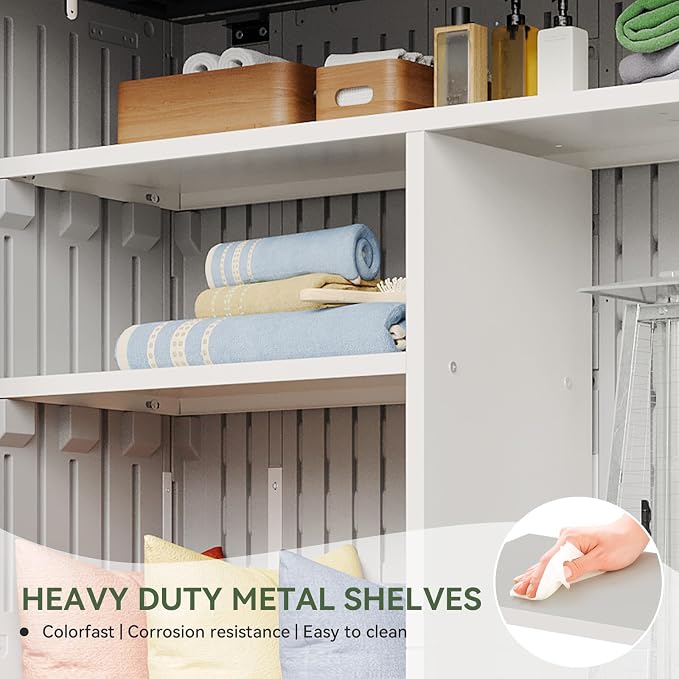 Aoxun Outdoor Resin Storage Shed with Metal Shelving Kit & Floor, 64 Cu.Ft Vertical Waterproof Storage Cabinet for Garage, Pool, Bike, Garden Tools, Patio Furniture (White) - Image 2