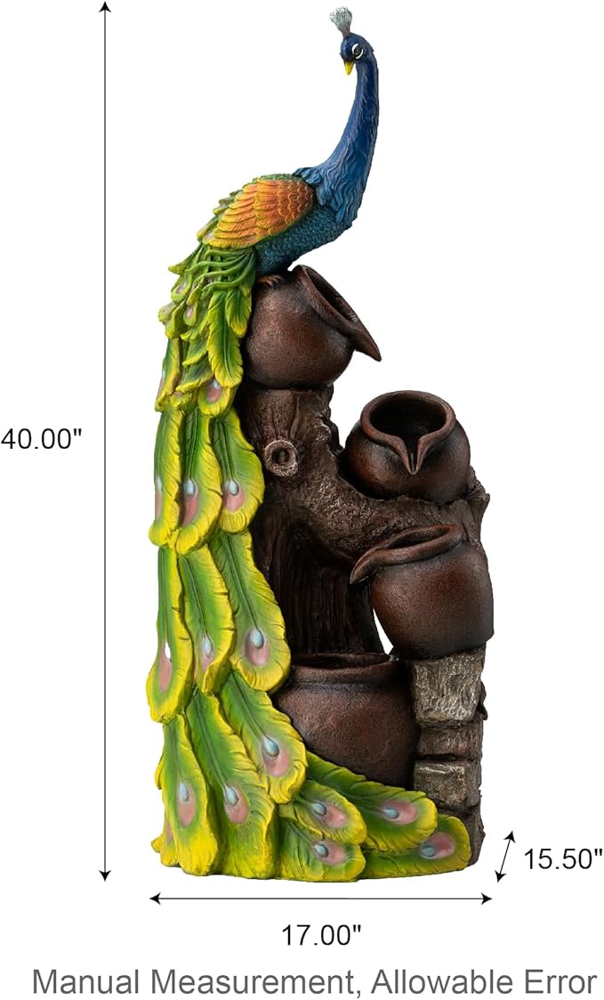 Glitzhome 4-Tier Peacock and Jars Outdoor Water Fountain with LED Light, 40”H Oversized Resin Peacock Sculpture Waterfall Fountain with Submersible Pump for Garden Patio Porch