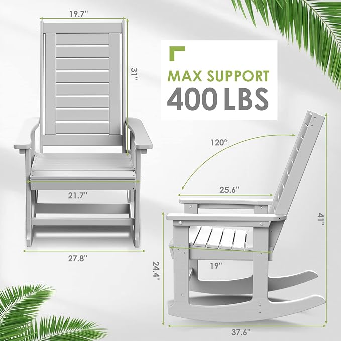 GREENVINES Outdoor Rocking Chair Set | 3-Piece | 2 Rocking Chairs with 1 Side Table | Porch Rocker | HDPE Plastic | White | Patio Furniture Sets | High Back | Big & Tall | Ladder Back - Image 3