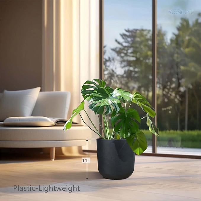 11 Inch Plant Pot, Modern Black Plastic Planter with Drainage Hole & Plug, Lightweight Weather Resistant Cylinder Flower Pot for Indoor Outdoor Use, Matte Black, 11" H x 11.6" Dia