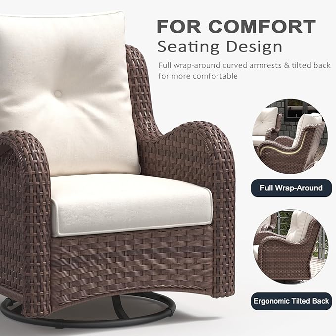 LayinSun 8 Pieces Outdoor Patio Furniture Set with Fire Pit Table, Rattan Wicker Sectional Swivel Rocker Chairs Sets with Ottomans, Swivel Glider Chair and Coffee Table