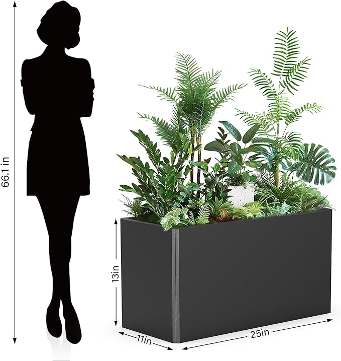 Metal Planters - Rectangular Trough, All-Weather Durable with 4 Drainage Holes, 25x11x13 Inches for Porch & Patio, Black