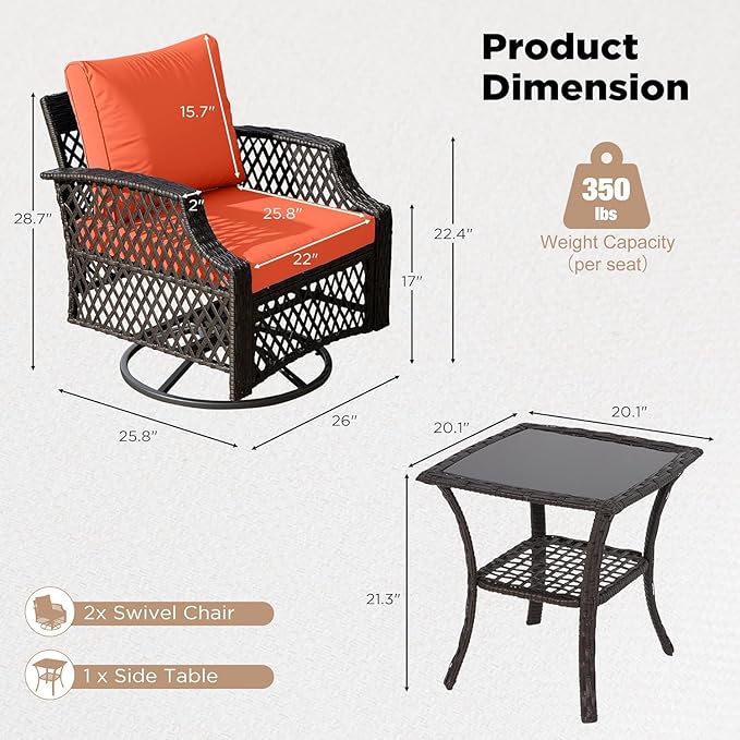 HOMREST 3 Piece Outdoor Swivel Chair Set, Wicker Patio Bistro Set with Thickened 25D Cushions and Glass Coffee Table, Patio Furniture Conversation Set for Deck, Yard, Garden, Poolside(Orange)