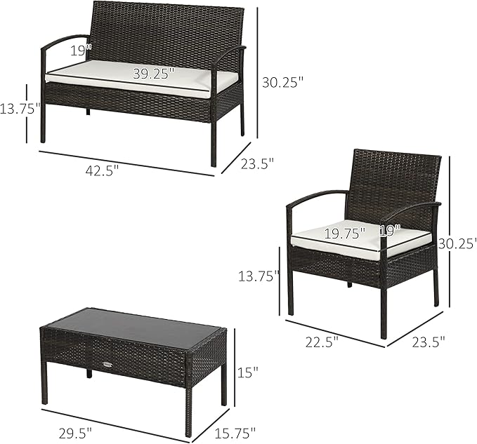 Outsunny Patio Furniture Set, 4 Piece Indoor Outdoor PE Wicker Conversation Set with Chairs, Loveseat Sofa, Cushions, Glass Table for Backyard, Sunroom, Pool, Garden, Brown