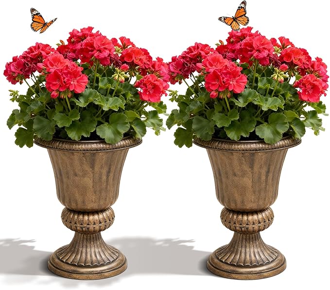 MoNiBloom 20-Inch Plastic Urn Planter Vase Set of 2, for Outdoor Indoor Plants Garden Patio Vintage Decorative Wedding Pedestal Roman Flower Pot Decoration Retro Home Front Porch Door Decor (Brass)