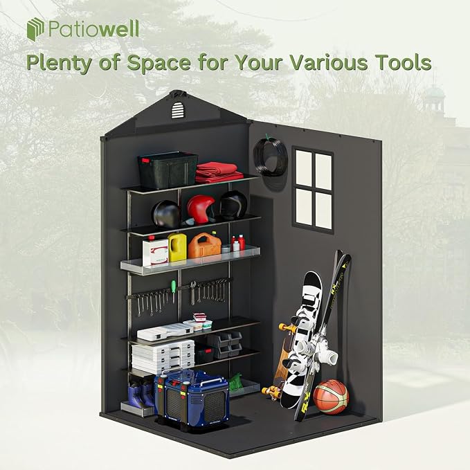 Patiowell 4' x 4' Outdoor Storage Shed with Floor, Plastic Shed Outside Resin Tool Shed with Window and Lockable Door for Backyard Garden Patio Lawn, Dark Grey (Fit-it Shed) - Image 7