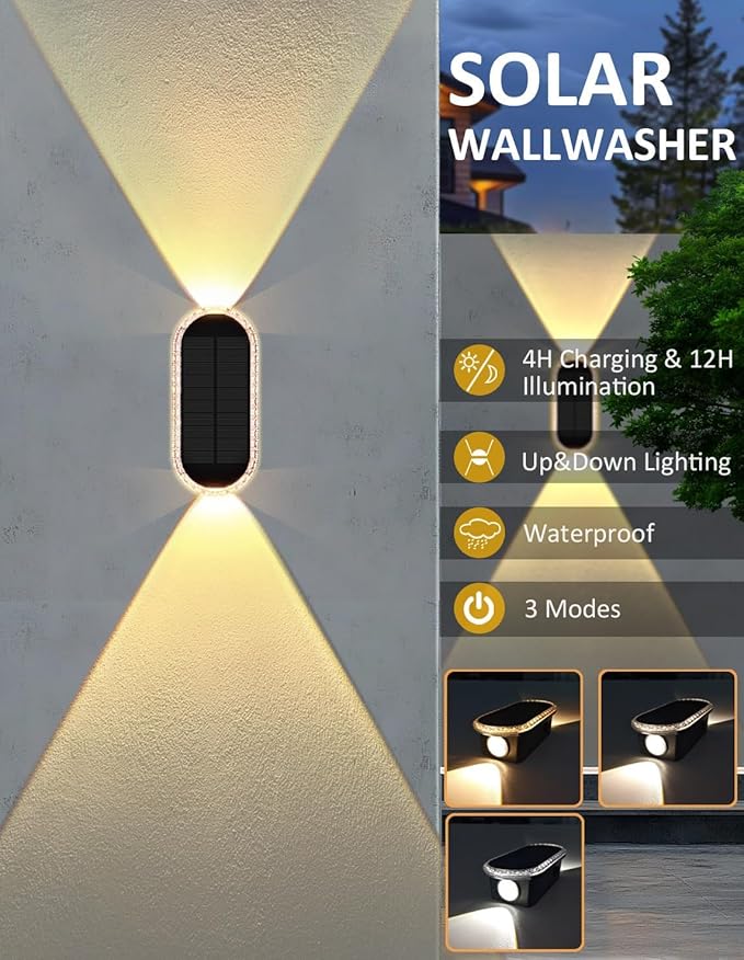 Solar Fence Lights Outdoor, 3000K/4000K/6000K 3 Modes Solar Wall Lights Outdoor Waterproof, Up&Down Dual-Head Outdoor Solar Lights for Yard House Fence Backyard Deck Garden Patio Porch, 2 PK