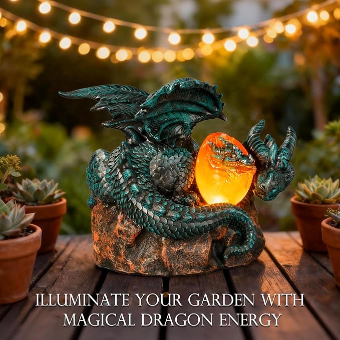 Solar Dragon Garden Decor - Dragon Statue Outdoor with Egg Light - 6.8 inch Porch Decor & Lawn Ornaments, Perfect Patio Decor, Yard Decorations Outdoor