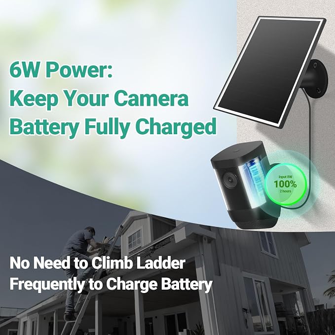 Solar Panel for Ring Camera, 6W Solar Charger with USB-C & Barrel Plug for Ring Stick Up Cam Pro/Plus & Spotlight Cam Battery Series, Waterproof, 16ft Cable (Black) - Image 4