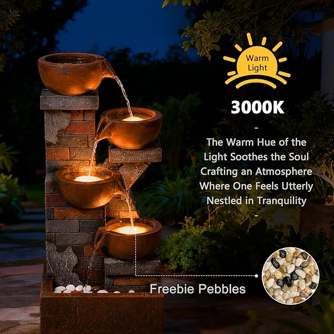 5 Tiers Water Fountain Outdoor Garden - 33.5" H Shape K Indoor Waterfall Fountain with LED Lights for Patio, Balconies, Lawns, Deck, Porch Backyard and Home Art Decor
