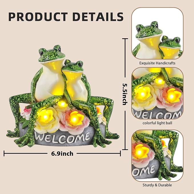 Solar Frog Garden Statues Outdoor Decor - 5.5" Resin Frog Figurine with Welcome Sign, Waterproof Yard Art Ornament for Patio Lawn Porch, Unique Housewarming Birthday Gifts for Women Mom Grandma