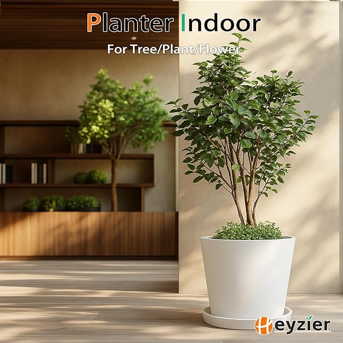 Wide Planters for Outdoor Plants, Extra Large Indoor Flower Pots for Garden, Front Porch, Patio - Round Resin Planter Set of 2 (White, 16" D x 13" H)