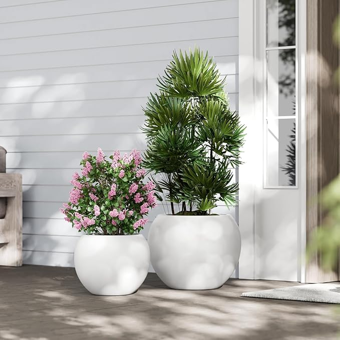 17 H x 21" Dia (15" Pot Opening) White Round Fiberstone Planter/Concrete Planter with Drainage Hole, Indoor/Outdoor Large Plant Pot for Home Patio Garden, Ideal for Large Plants
