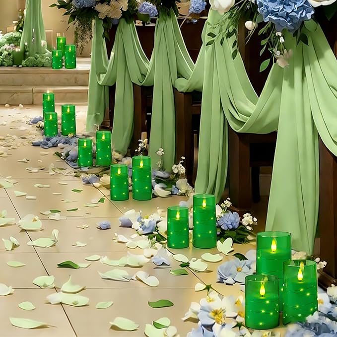 Homemory St. Patrick's Day Flameless Candles with Embedded Star String Fairy Lights, Green Battery Operated Candles, LED Candle, Fake Candles with Remote Control and Timer, Set of 3(H 4" 5" 6?€?)
