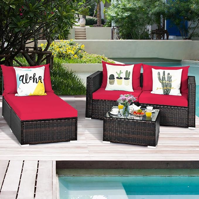 Tangkula 5 Piece Outdoor Patio Furniture Set, Sturdy Frame and Weight Capacity Up to 360 Pounds, Wicker Sectional Sofa Set with Glass Top Coffee Table, Porch Garden Poolside Furniture for 4 (Red)