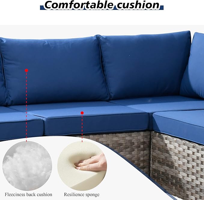 HOOOWOOO 13 Piece Modular Patio Outdoor Sectional Furniture Set with Gas Propane Fire Pit Table,Wicker Conversation Sofa Set,Out Door Couch Set with Wide Arm Outside(Navy Blue)