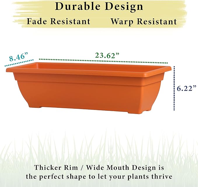 Rectangle Planter Box, 24 Inch Indoor/Outdoor Rectangular Planter, Durable UV Resistant, 4 Gallon Plastic Window Box Trough, for Herbs, Succulents, Vegetables (Terracotta | 4 Pack)