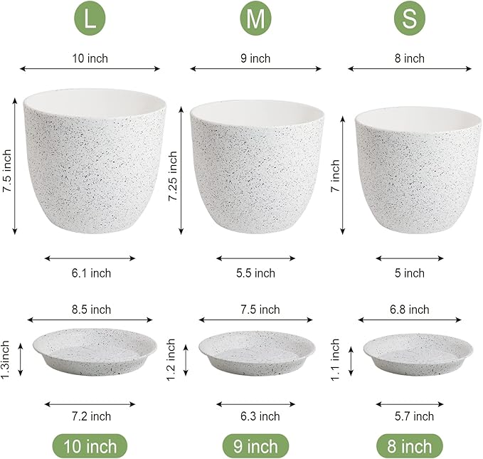 WOUSIWER Plant Pots 10/9/8 inch, Set of 3 Modern Decorative Plastic Planters with Drainage Holes and Saucers for House Plants Indoor Flowers Plants, White Speckles