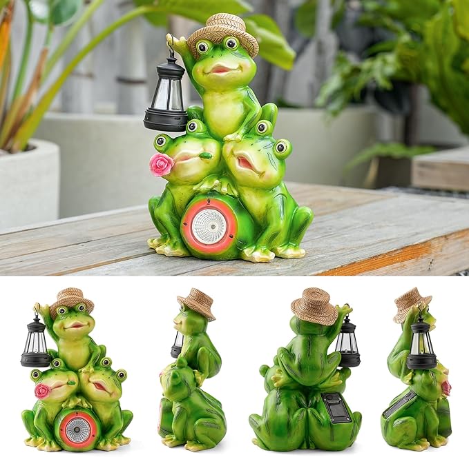Solar Frog Family Garden Statue Figurines with Lantern & LED Light – Cute Solar Yard Decor for Lawn, Patio & Outdoor Pathway(Family Frogs)