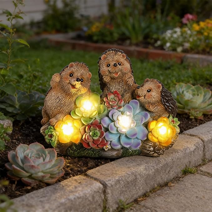 3 Hedgehog Solar Garden Statues with Succulent Animal Figurines Resin Hedgehog Decor Outdoor Statues, Ideal Decoration for Lawn Patio Yard, Gifts for Men Women