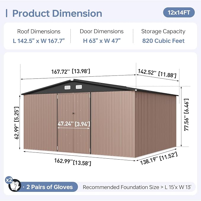 12x14FT Outdoor Storage Shed, Metal Garden Tool Shed with Sloping Roof & Lockable Door for Patio Lawn Backyard (Brown, 12x14FT) - Image 3