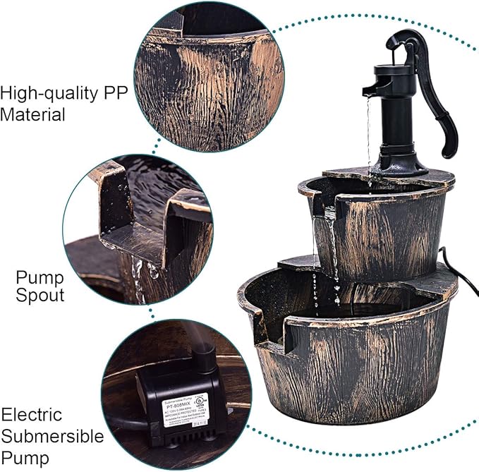 S AFSTAR Water Fountain Outdoor Waterfall Barrel, 2-Tier 27-Inch Barrel and Pump Waterfall Fountain W/Realistic Faux Wood Barrels & Pump Head, Garden Barrel Fountain for Patio Backyard Decor